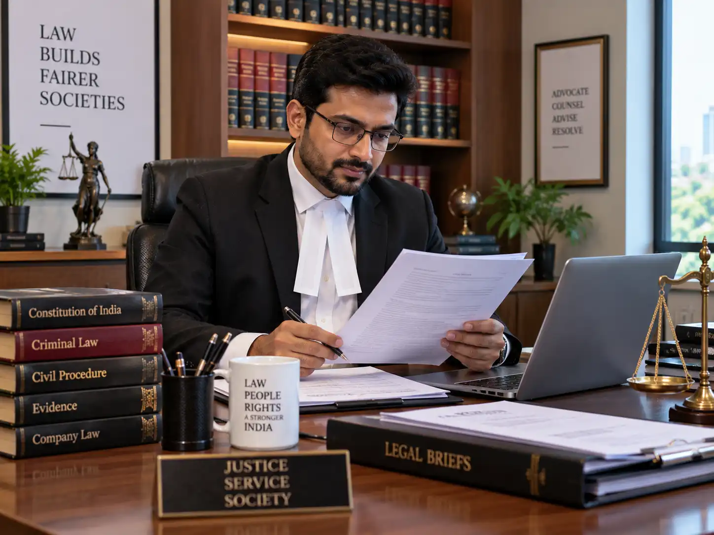 Indian advocate reviewing a legal document at a law office desk