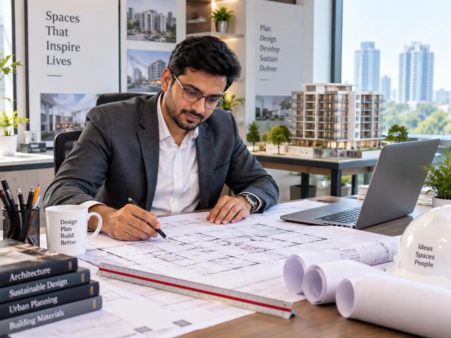 Indian architect reviewing building blueprints at a studio desk
