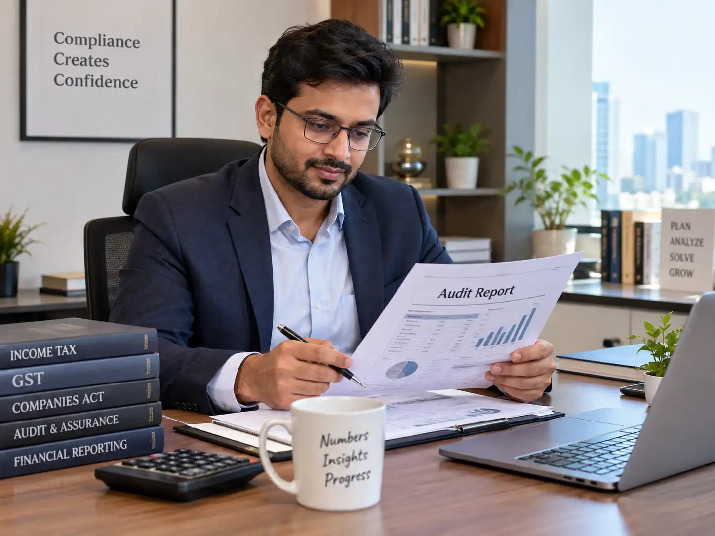 Indian Chartered Accountant reviewing an audit report at a desk