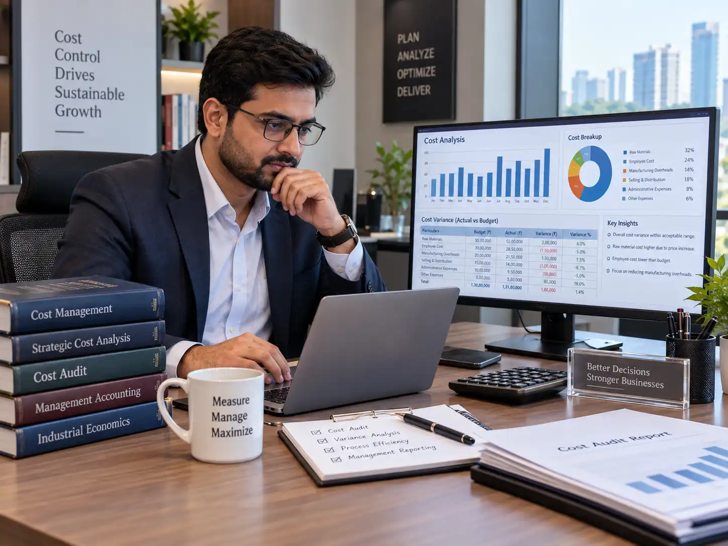Indian Cost and Management Accountant reviewing cost-audit spreadsheets