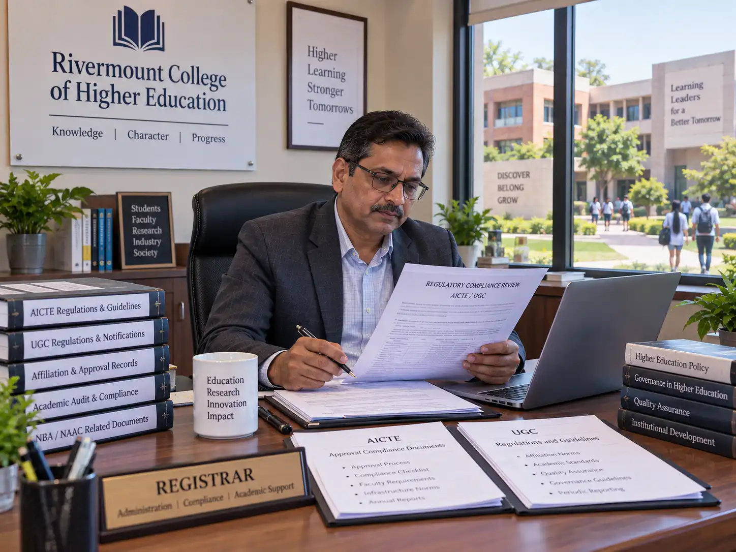 Indian college registrar reviewing compliance documents at a desk
