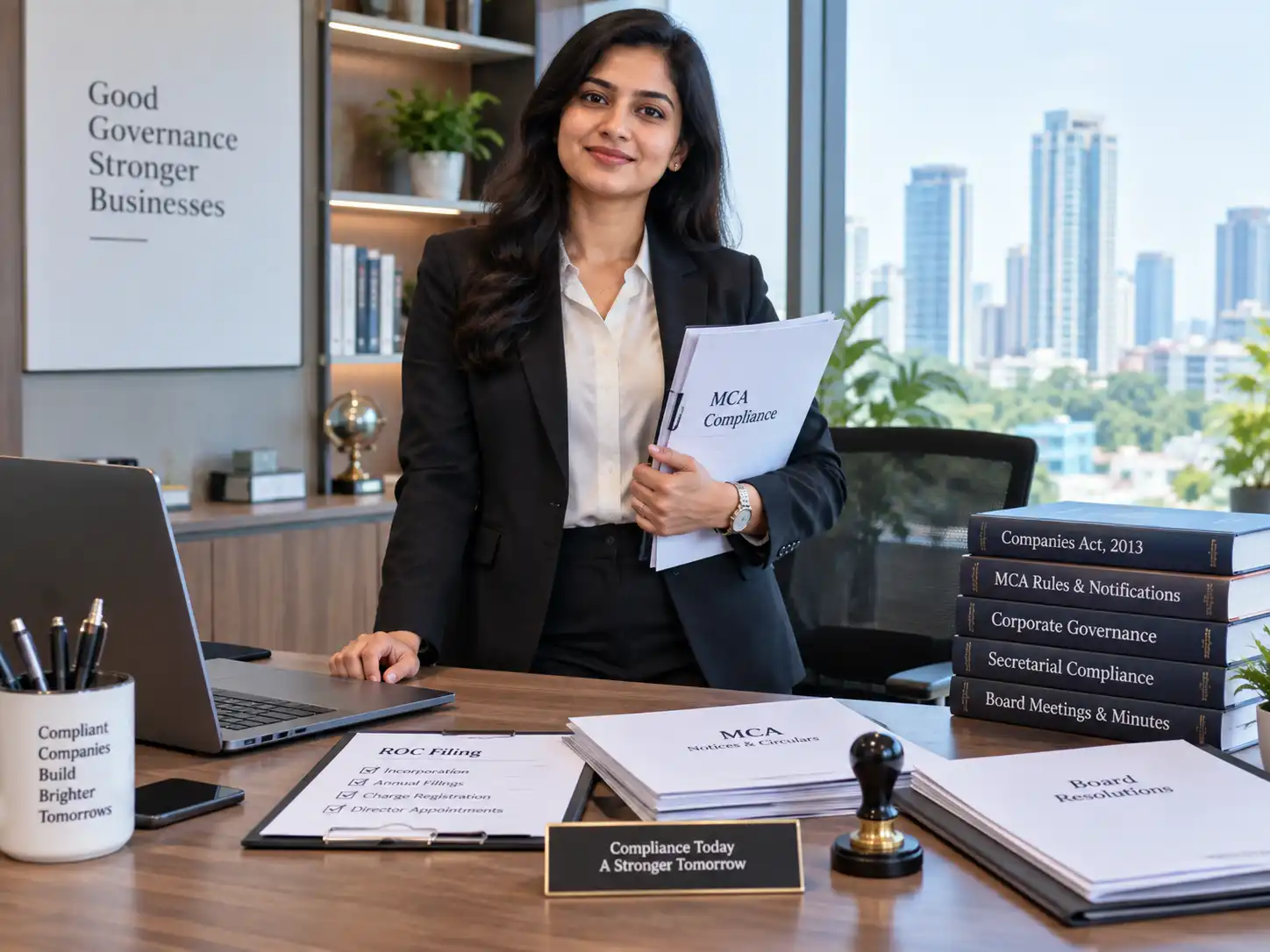 Indian Company Secretary reviewing MCA compliance documents