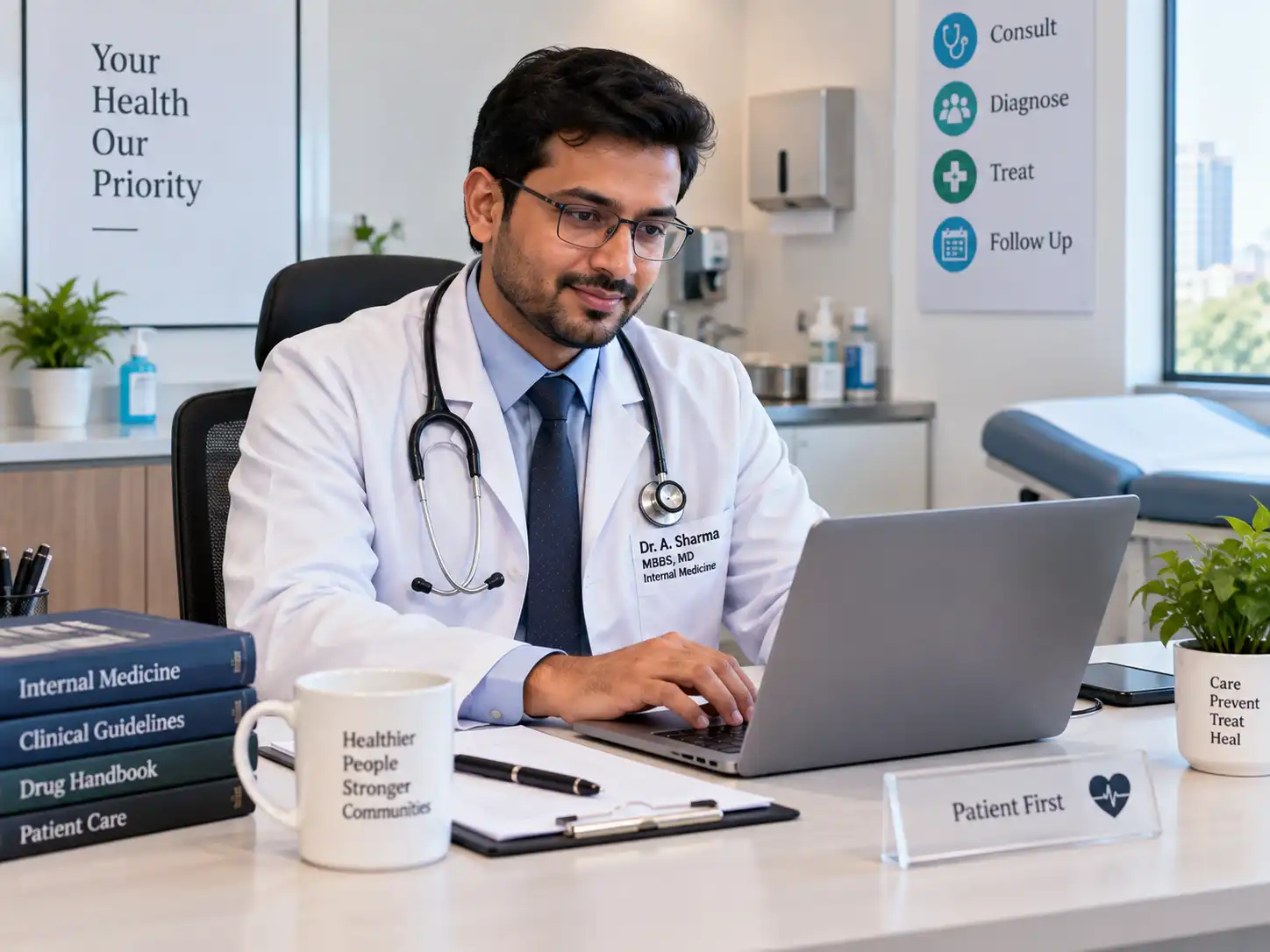Indian doctor using a laptop for e-prescription at a clinic desk