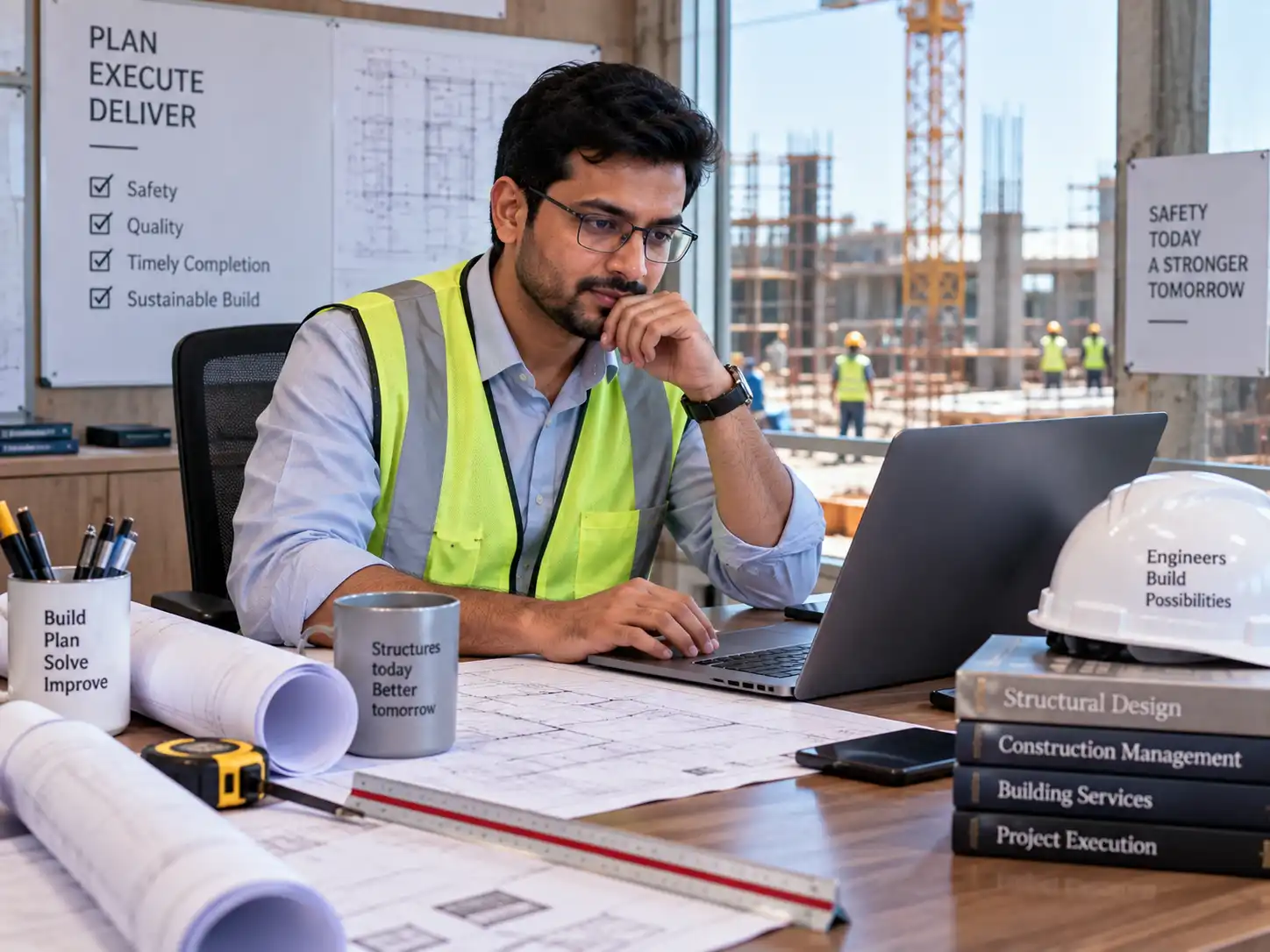 Indian engineer reviewing technical drawings on a laptop