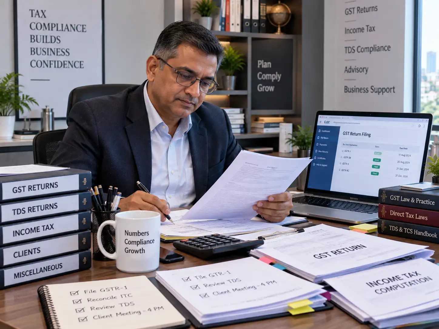Indian tax professional reviewing GST return documents