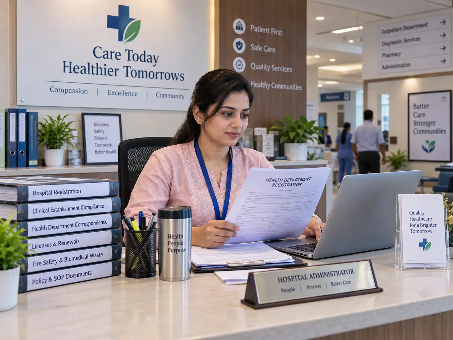 Indian hospital administrator reviewing registration paperwork