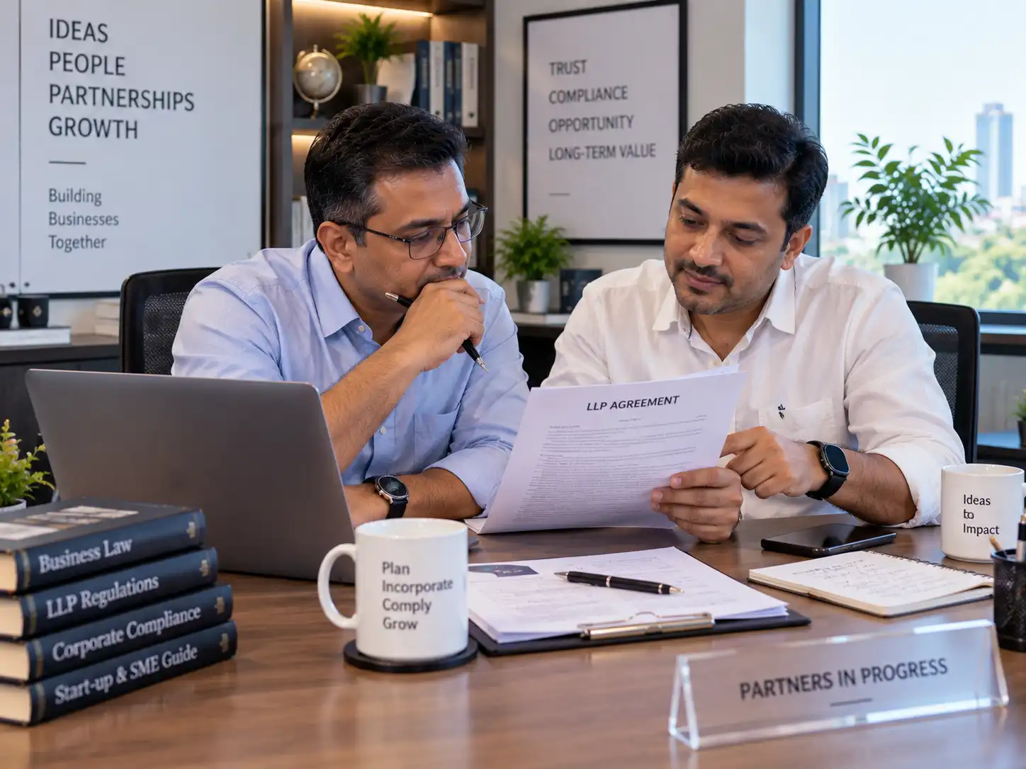 Indian business partners reviewing an LLP agreement together