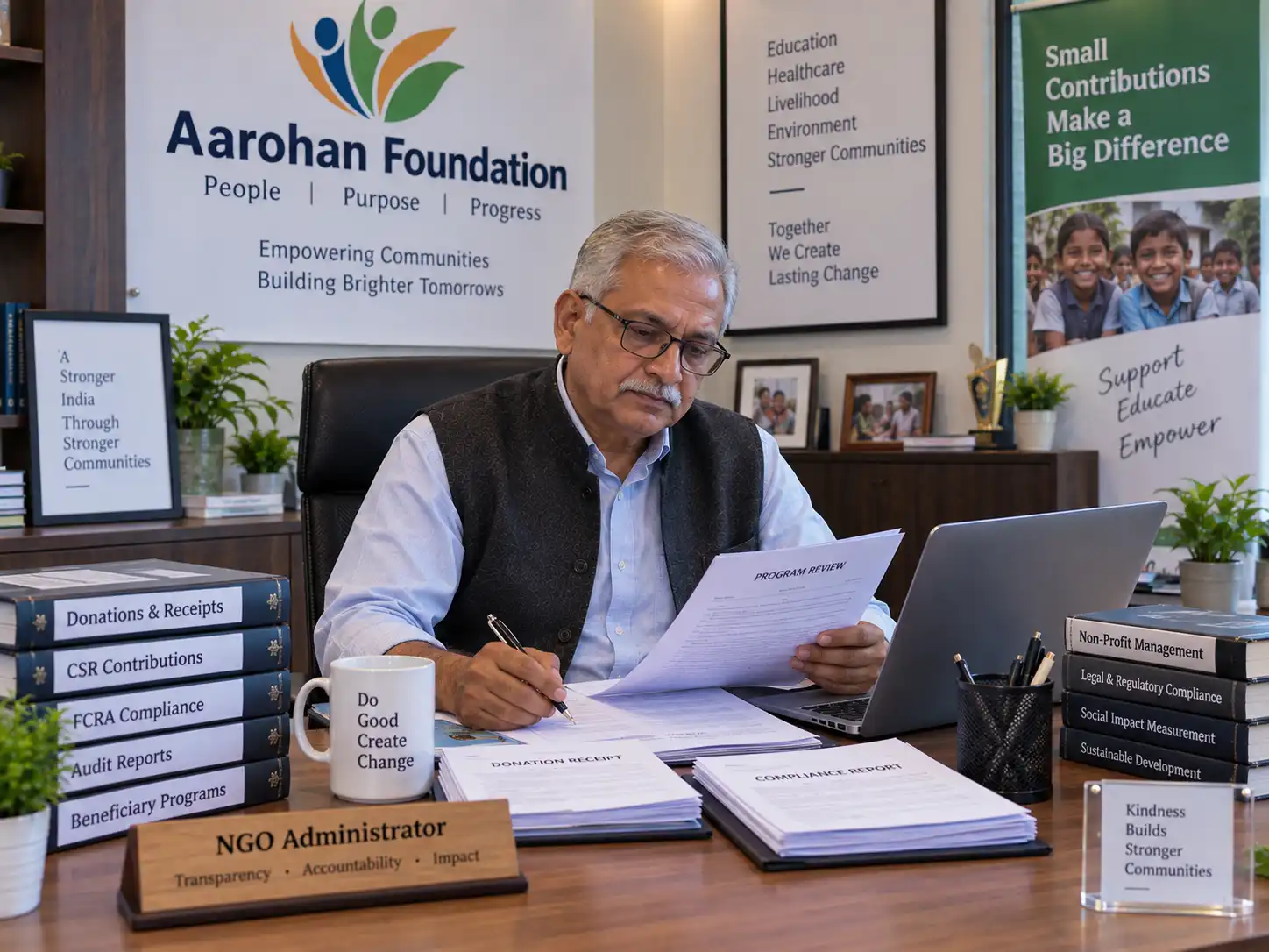 Indian NGO administrator reviewing compliance paperwork