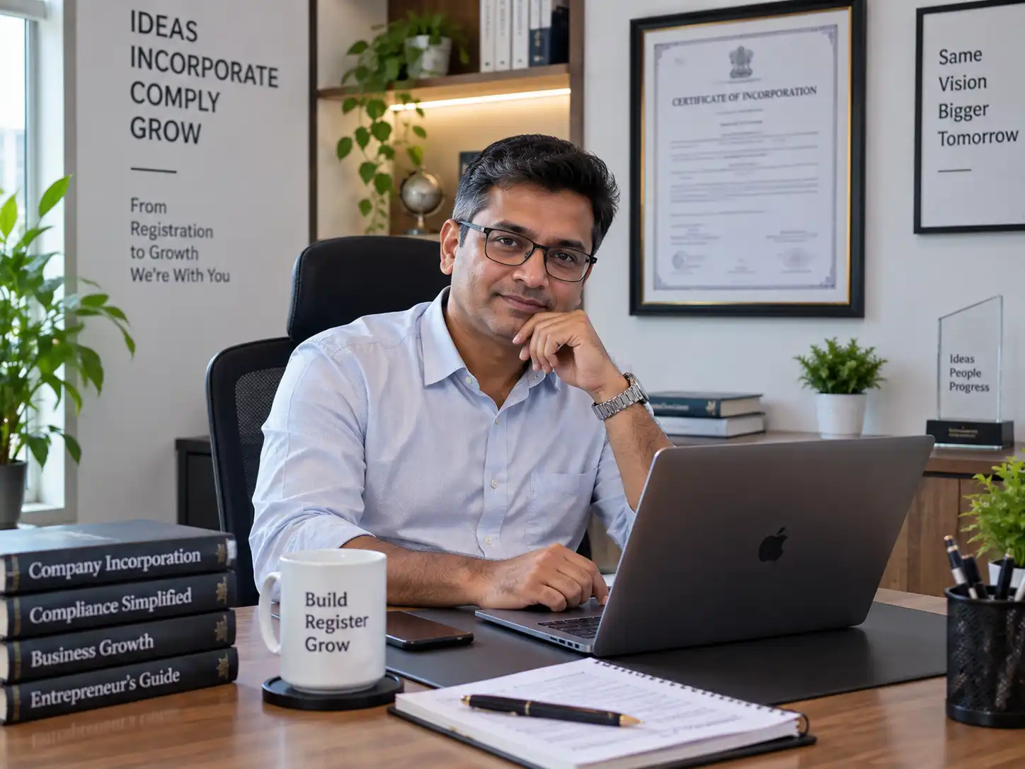 Indian entrepreneur at a desk with an incorporation certificate