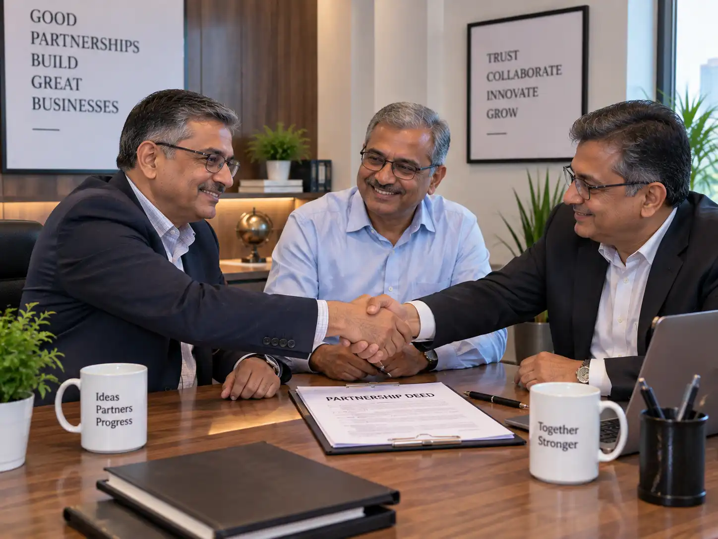 Indian business partners reviewing a partnership deed
