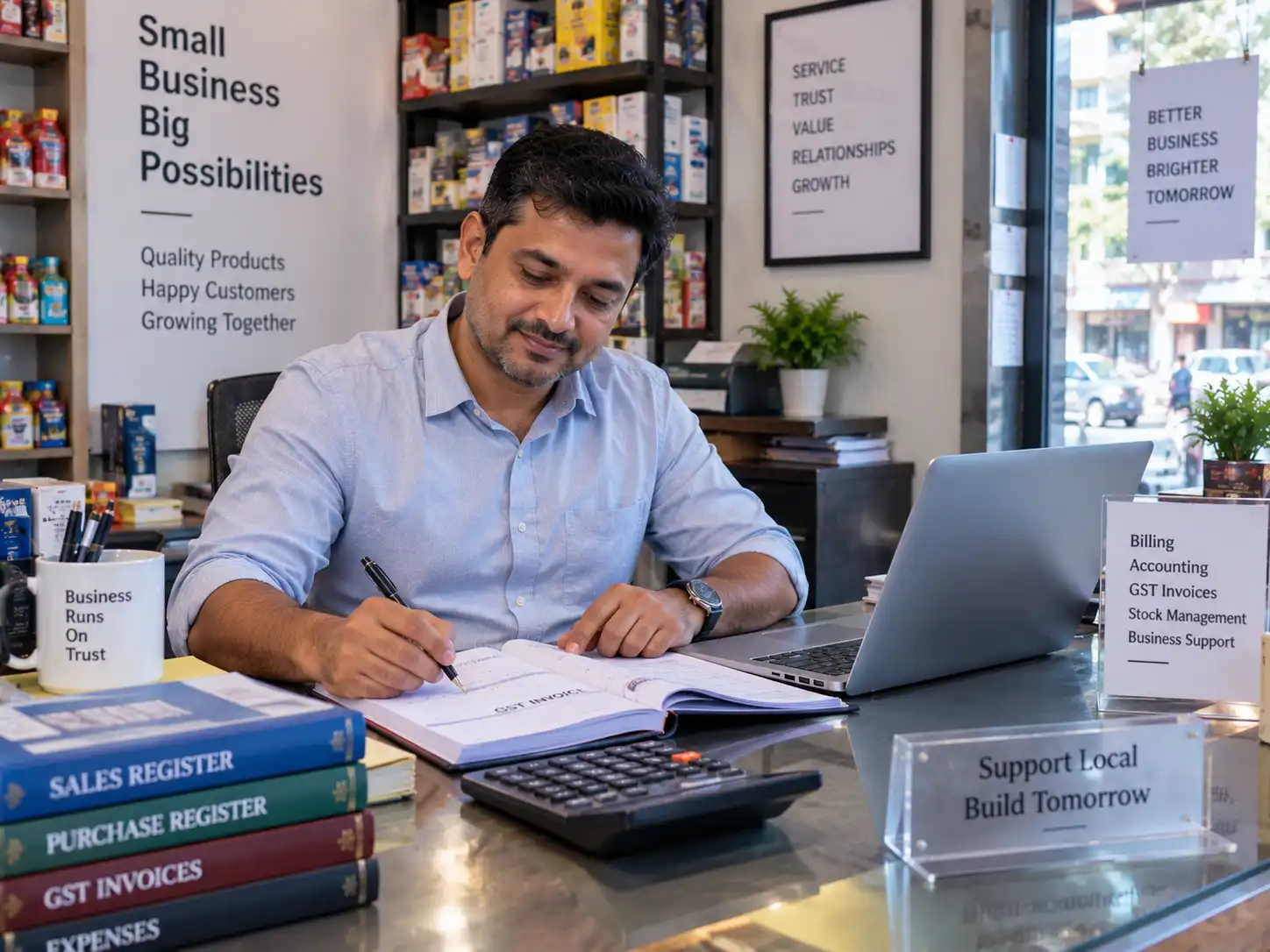 Indian small business owner at a shop counter with a GST invoice book