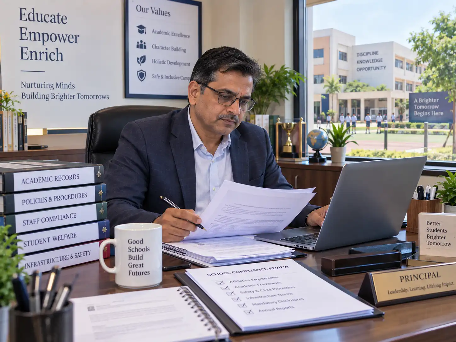 Indian school administrator reviewing CBSE compliance documents