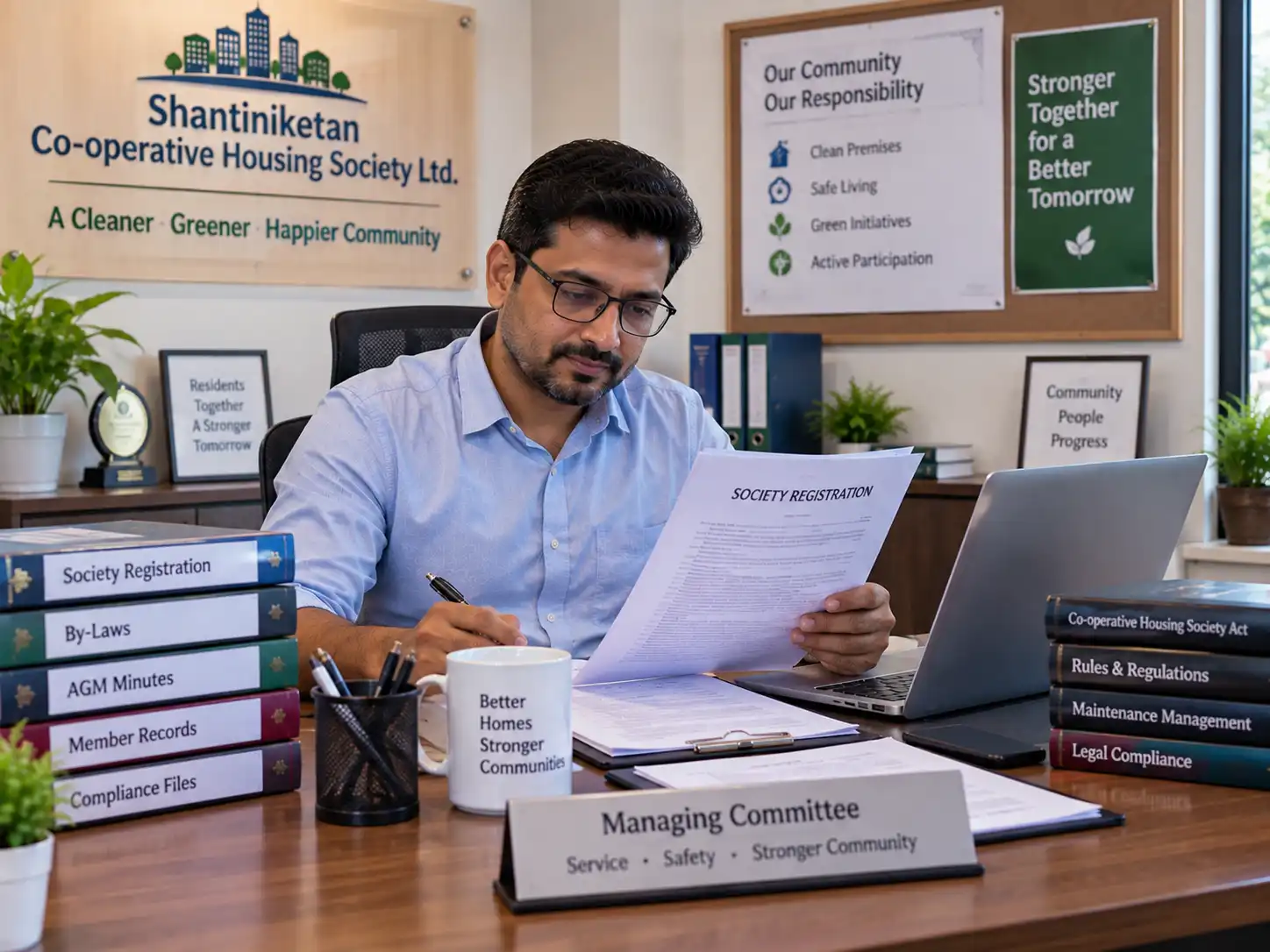 Indian society committee member reviewing registration documents