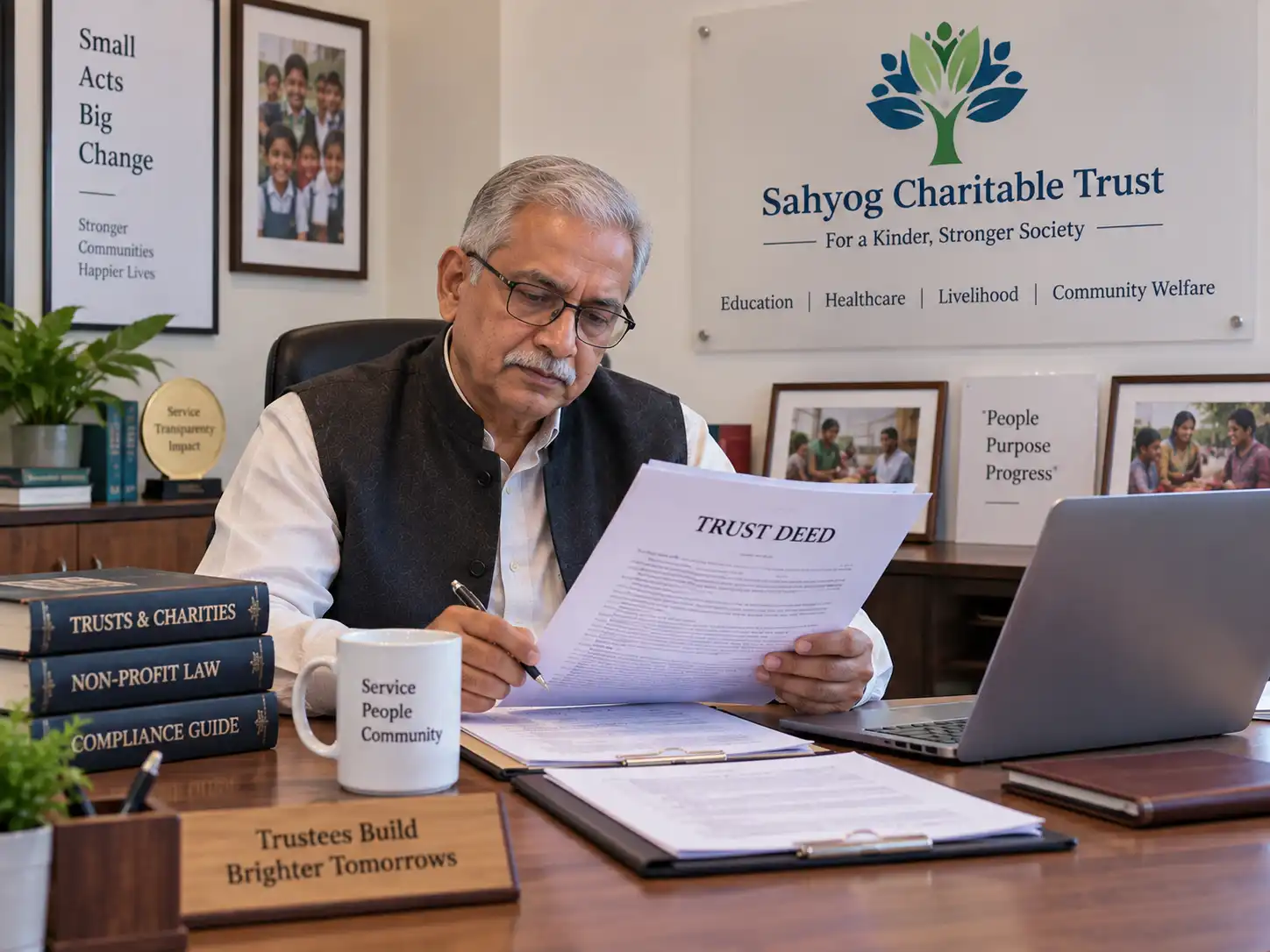 Indian trustee reviewing a trust deed document