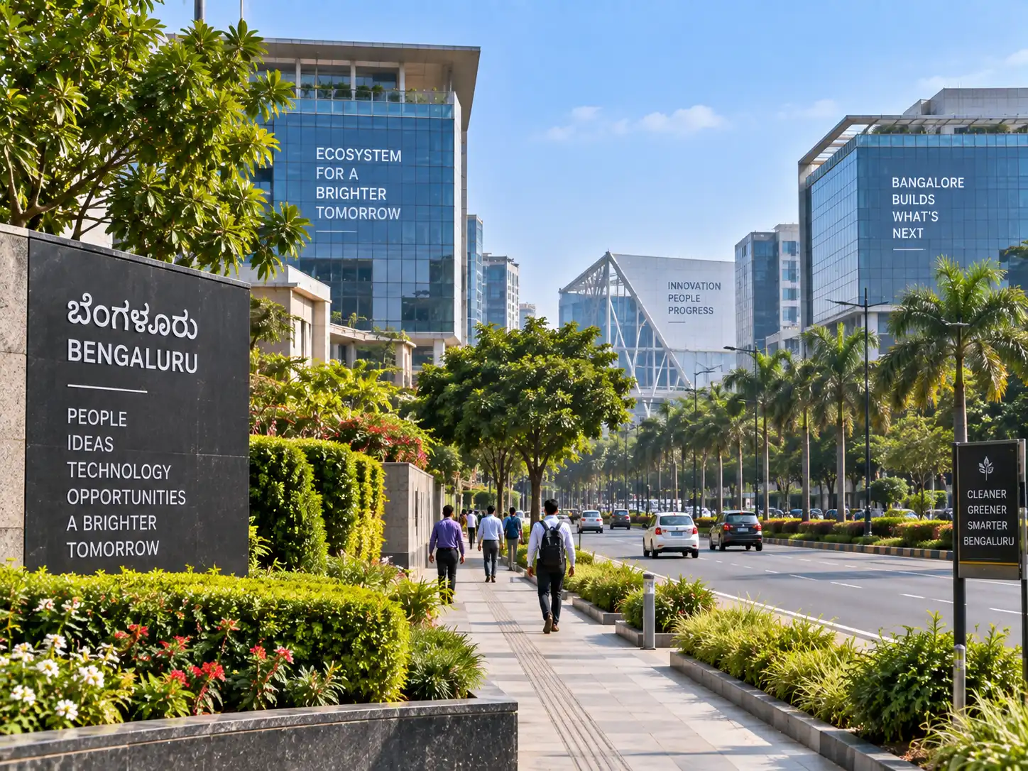 Modern office towers and tech park street in Bengaluru