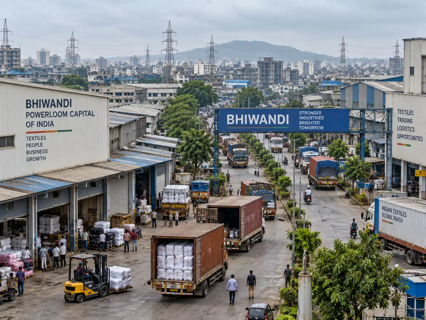 Warehouses and logistics trucks in Bhiwandi, the powerloom hub