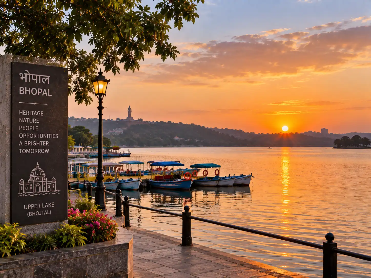 Upper Lake (Bhojtal) waterfront in Bhopal at sunrise