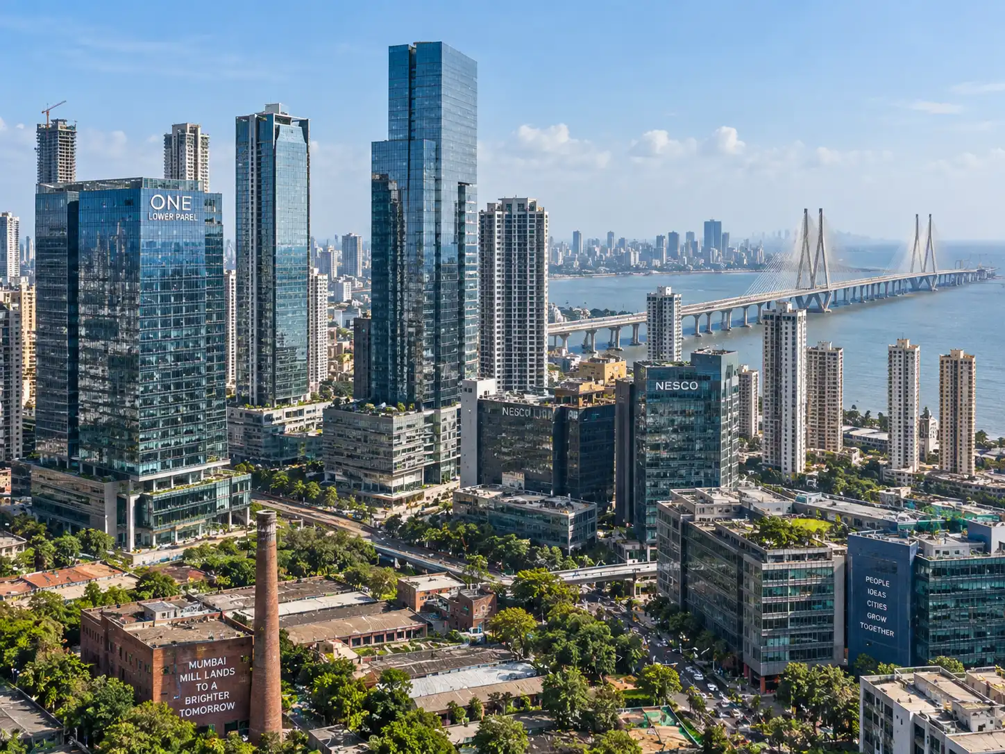 Lower Parel and Worli skyline with the Bandra-Worli Sea Link in Central Mumbai