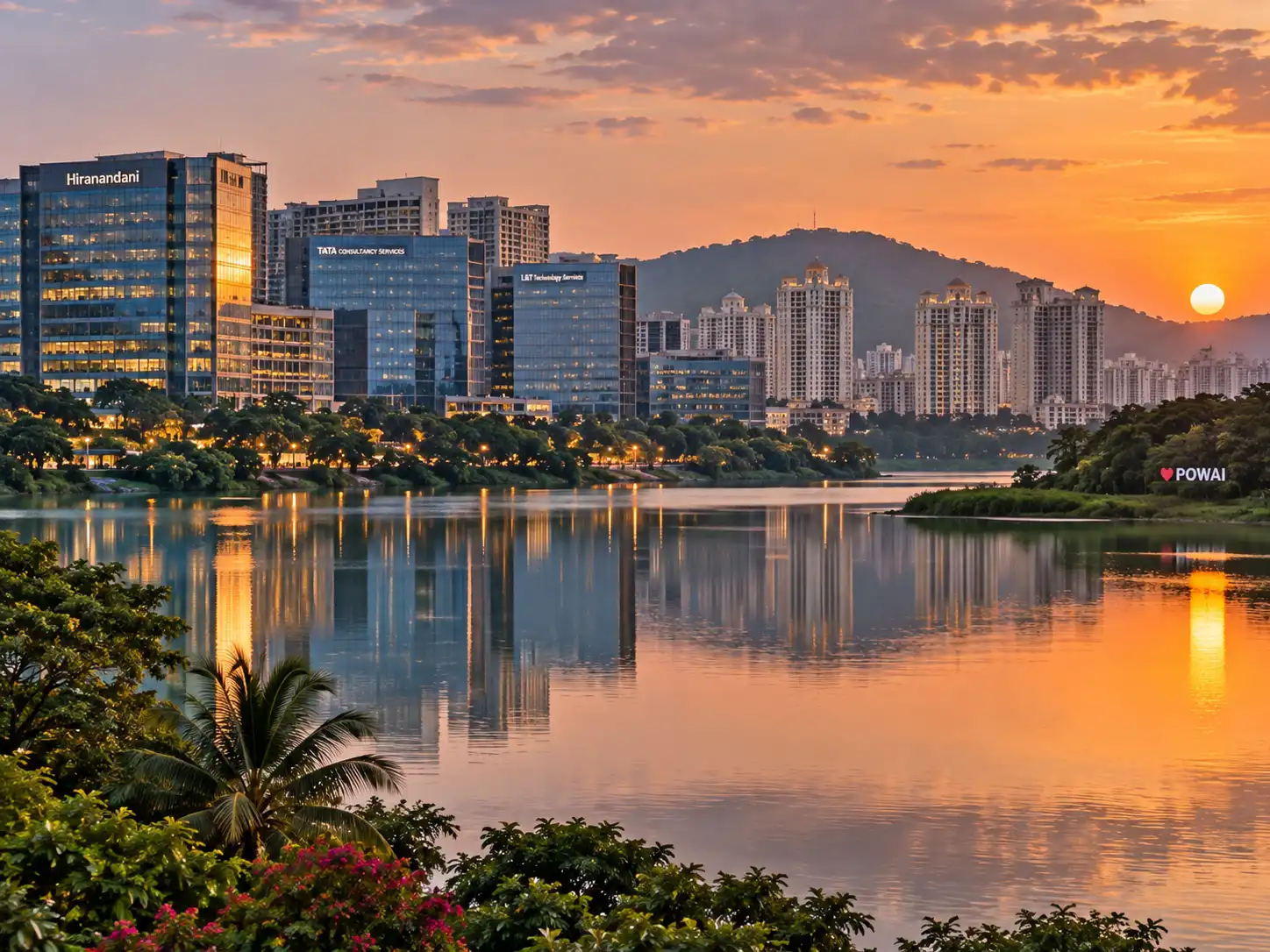 Powai lake skyline at sunset in Mumbai's Central Suburbs