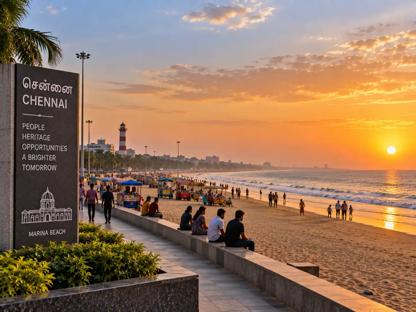 Marina Beach promenade at sunrise in Chennai