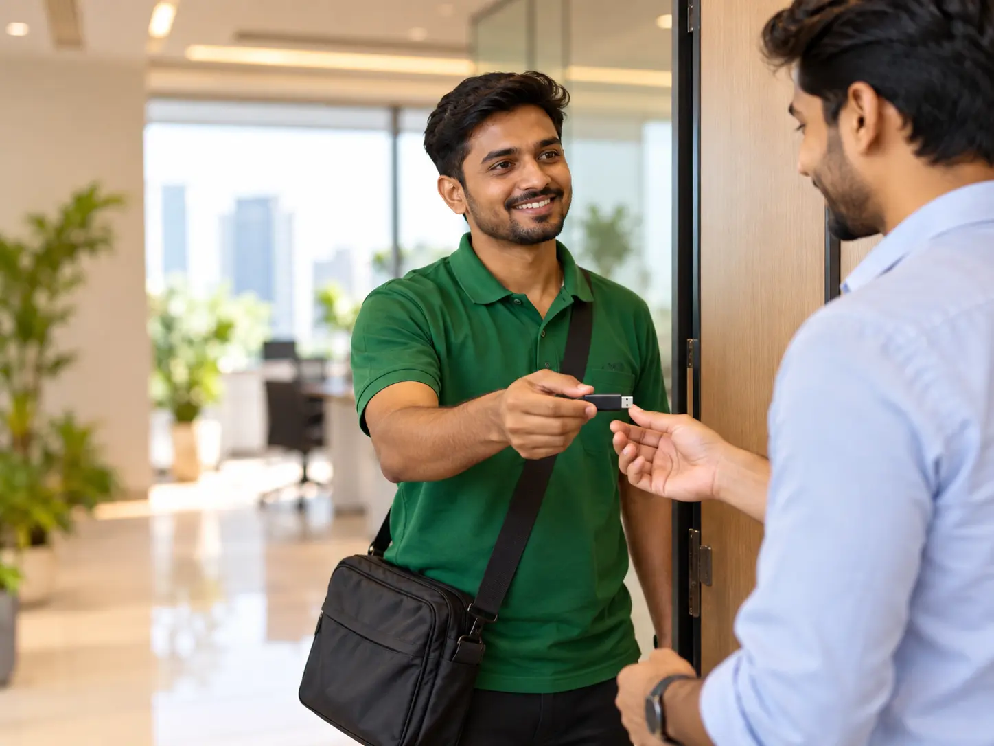 Delivery executive handing over a DSC USB token at the customer's doorstep