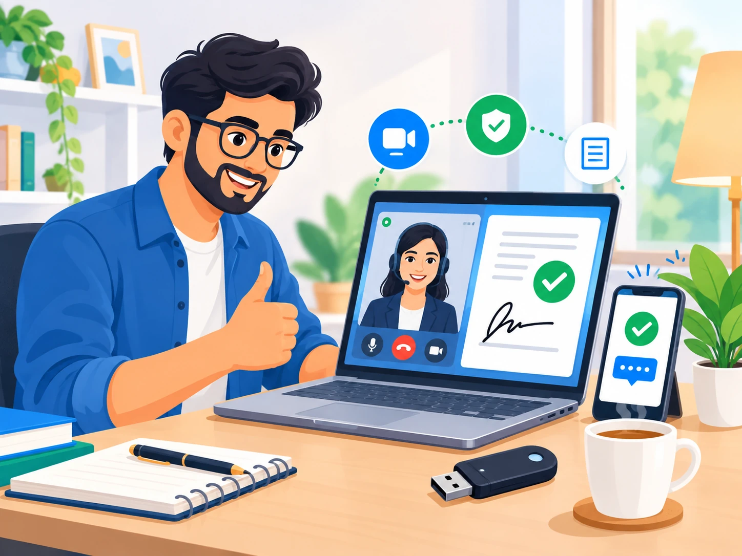 Professional completing video KYC and signing a document digitally with a Class 3 DSC USB token