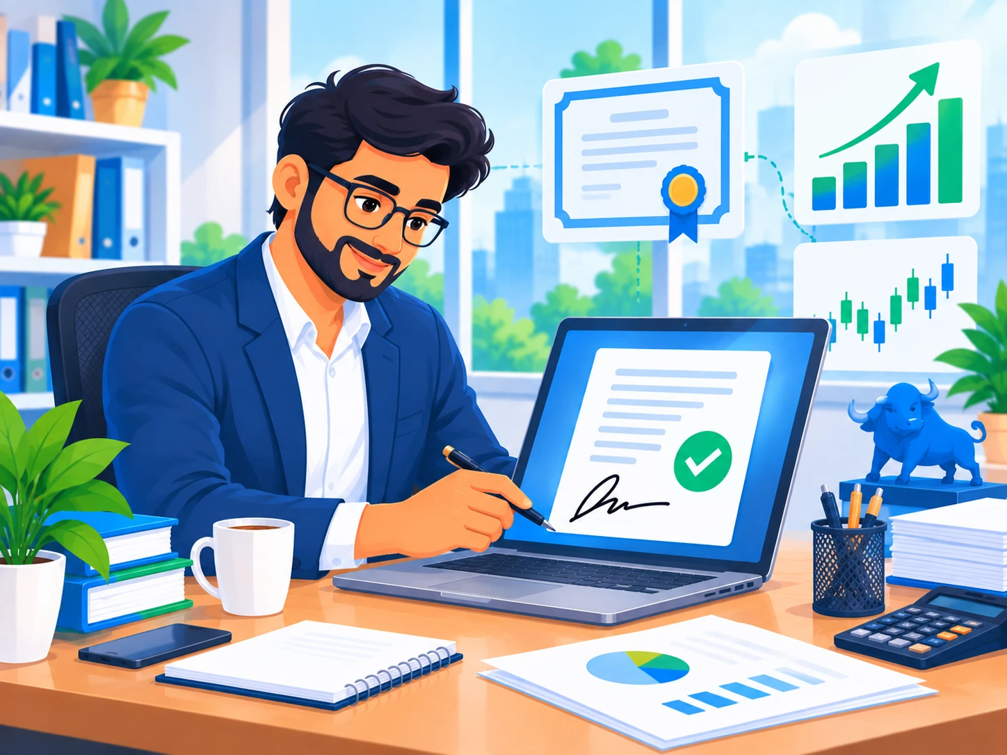 Finance professional digitally signing a securities/demat document with market charts and a certificate icon nearby