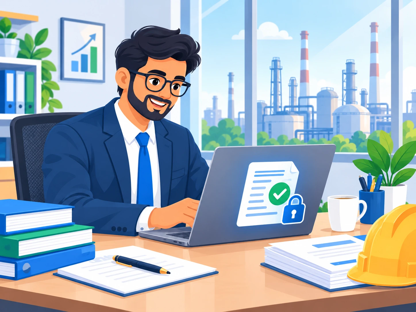 Professional digitally signing a PSU tender document with an industrial refinery in the background