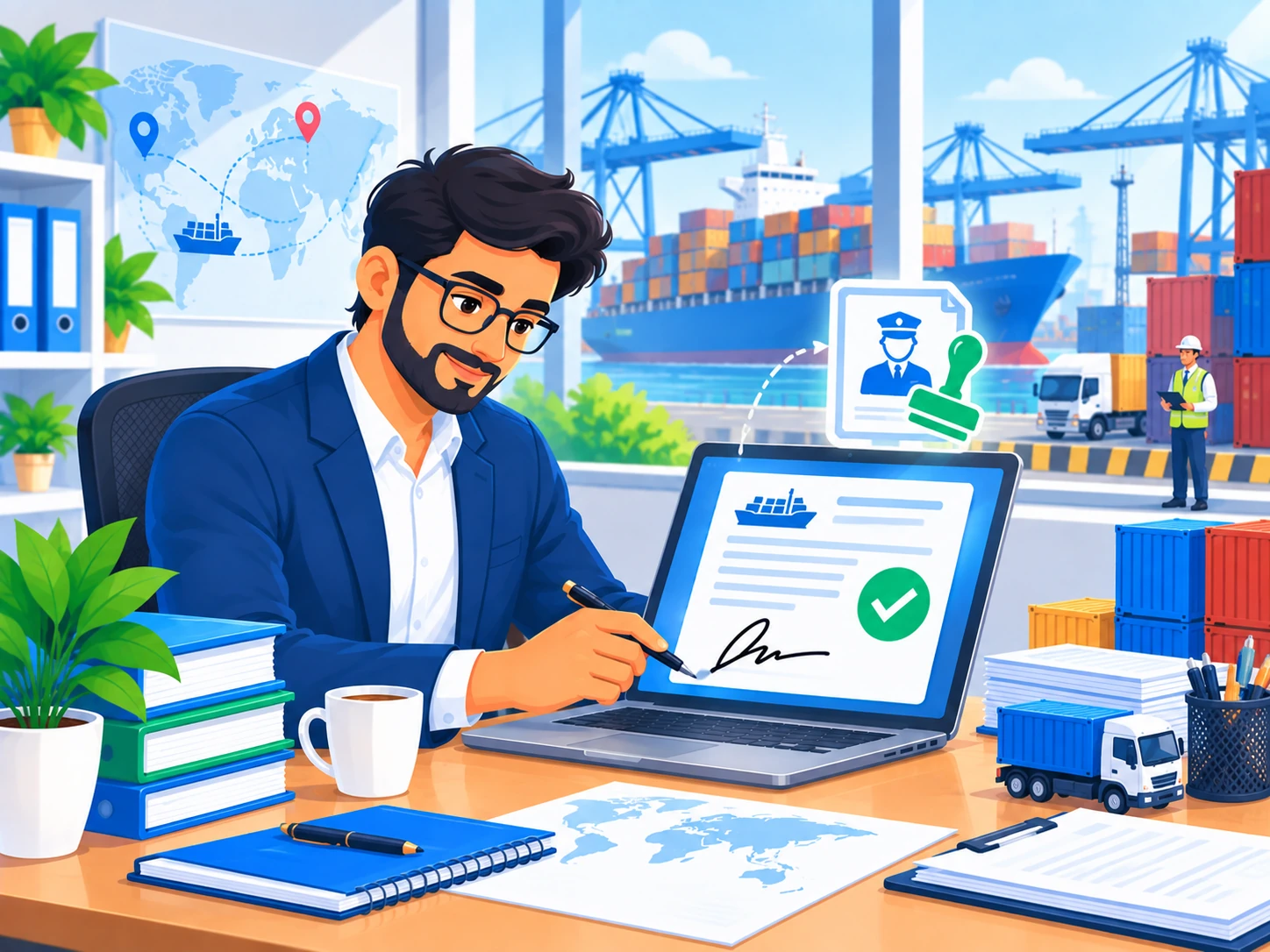 Customs house agent digitally signing a cargo clearance document with a shipping port in the background