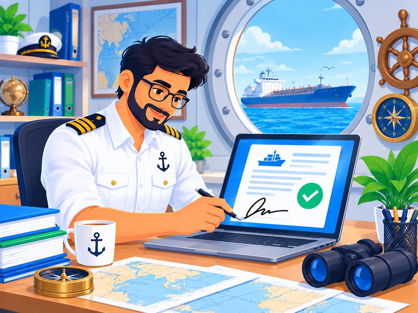Maritime officer digitally signing a certificate with a ship visible through a porthole window