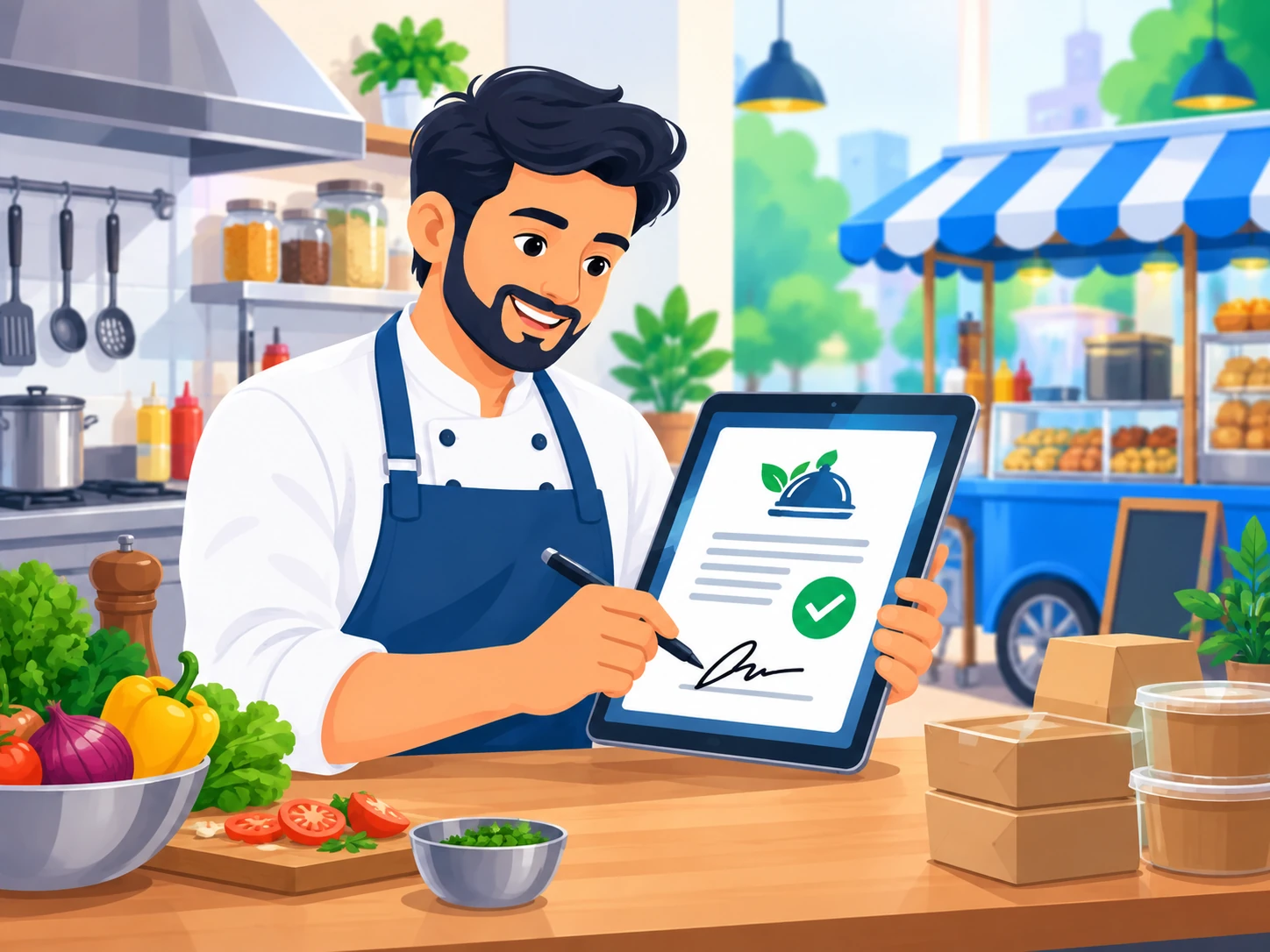 Food business owner digitally signing an FSSAI license document on a tablet in a kitchen