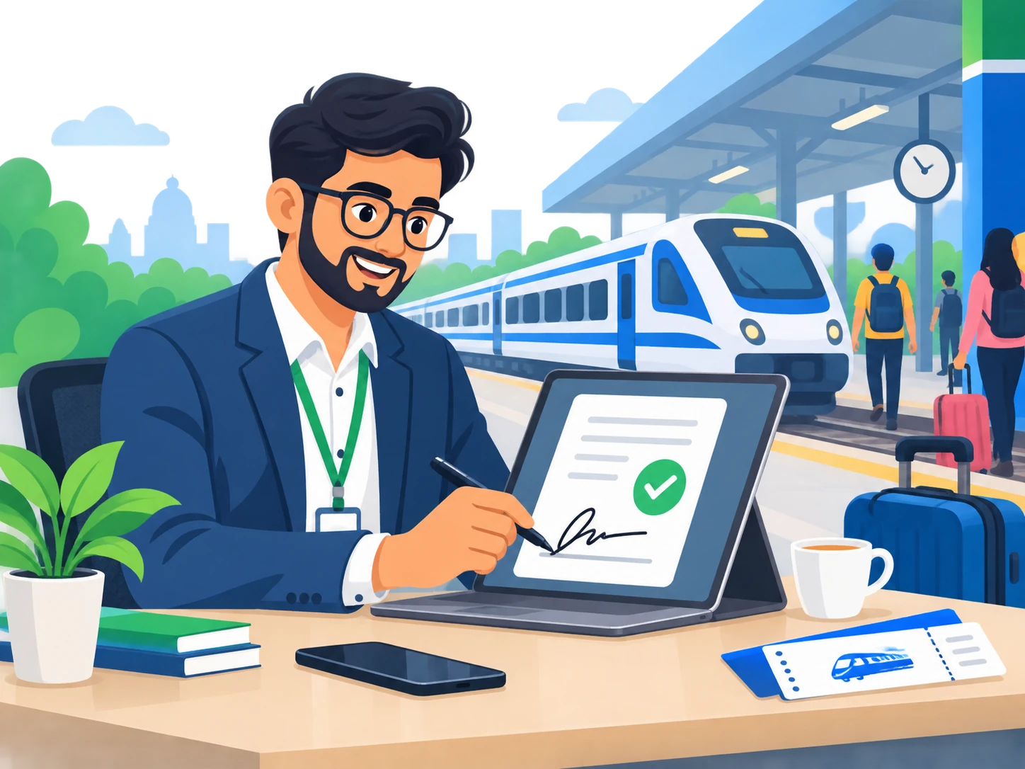 Travel agent digitally signing an IRCTC agreement on a tablet beside a train platform