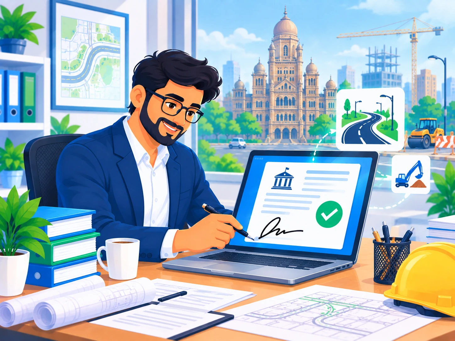 Professional digitally signing a municipal tender document with a civic building and construction crane in the background