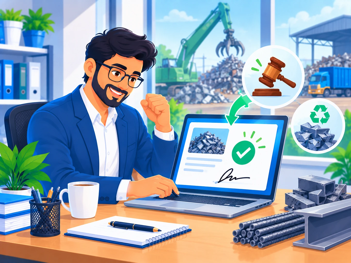 Professional celebrating a winning e-auction bid on MSTC with a gavel and scrap-metal icon nearby