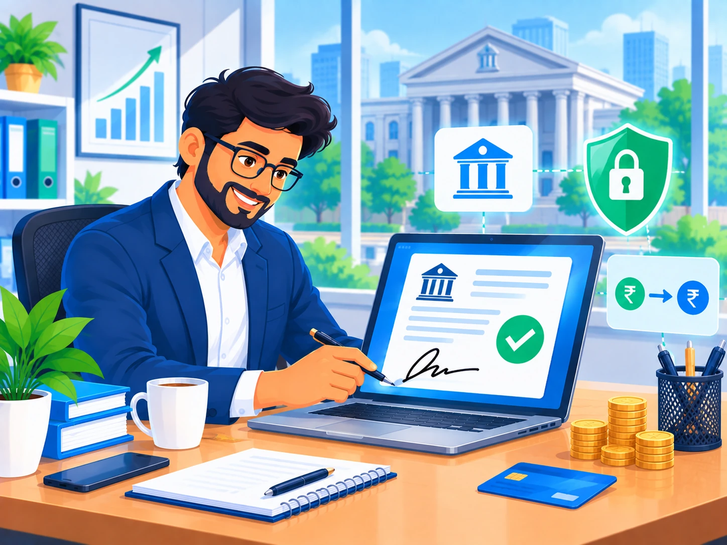 Professional digitally signing a secure banking transaction with a bank icon and padlock shield nearby