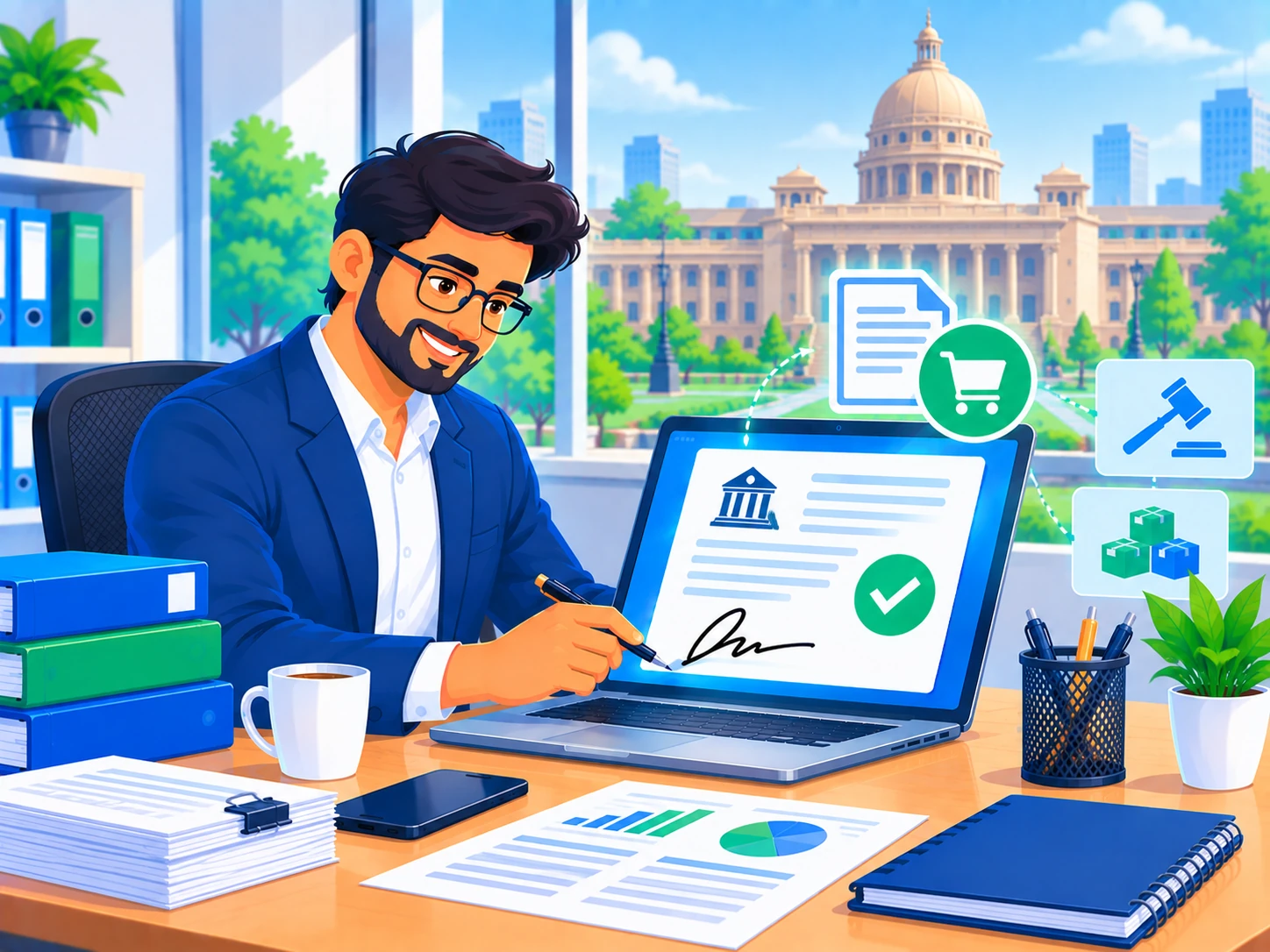 Professional digitally signing a government tender bid document with a government building in the background