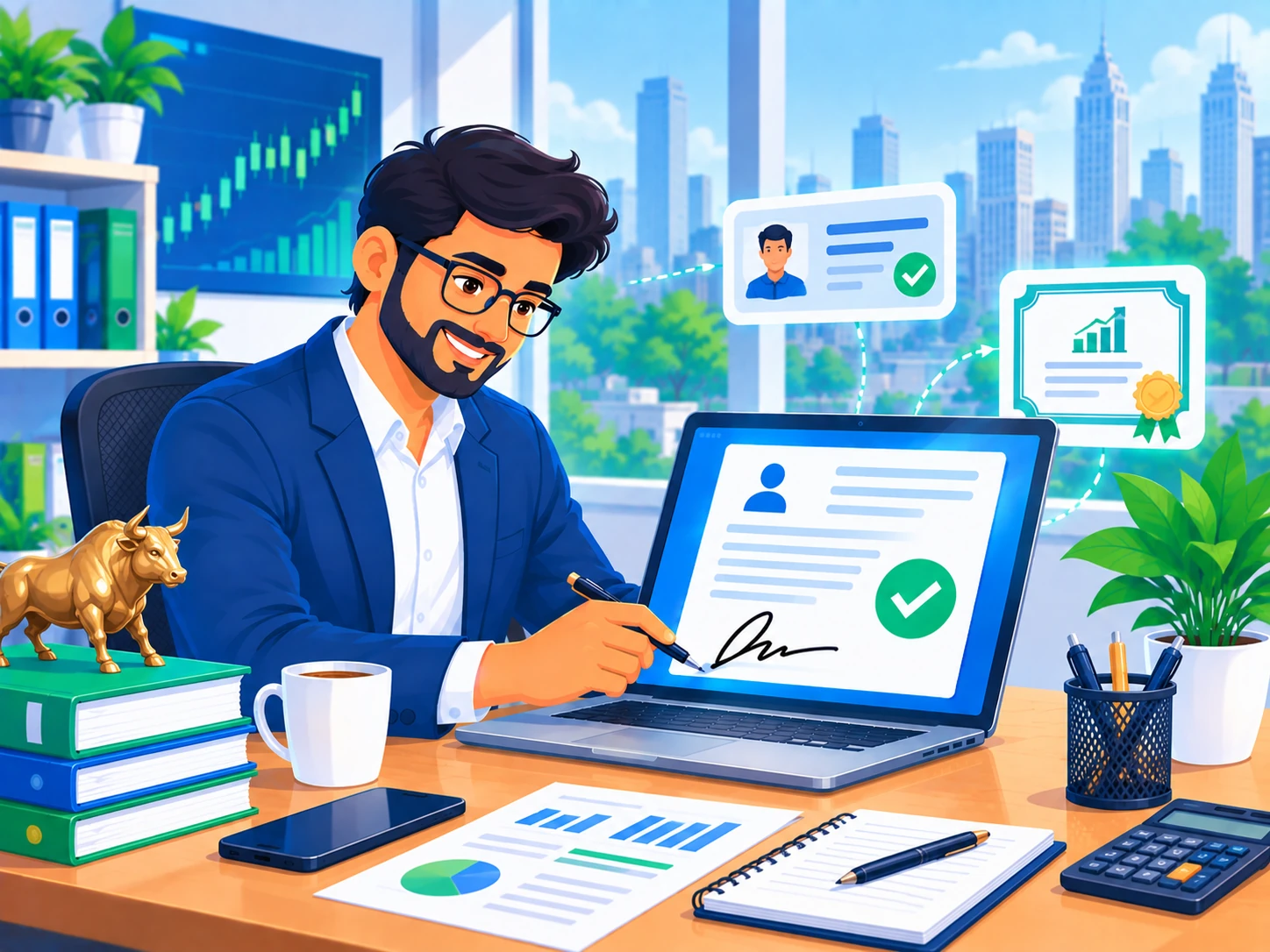 Professional digitally signing a demat/securities account document with an ID card icon and certificate nearby