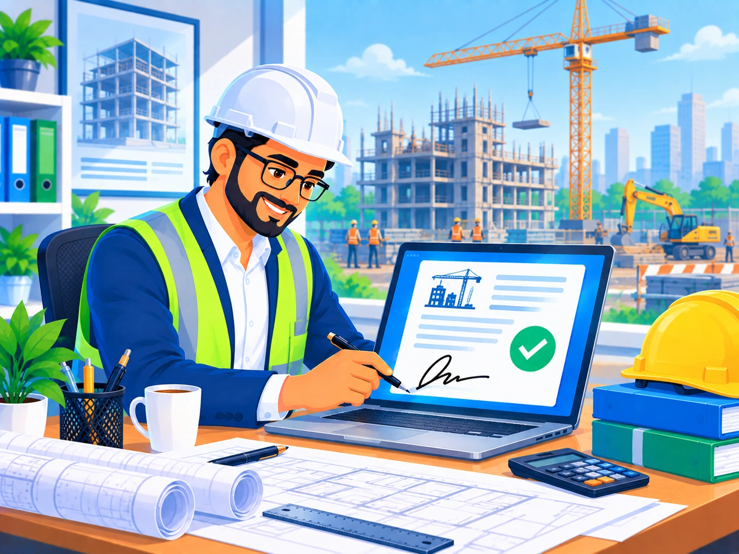 Engineer in a hard hat digitally signing a construction tender document at a laptop on a construction site