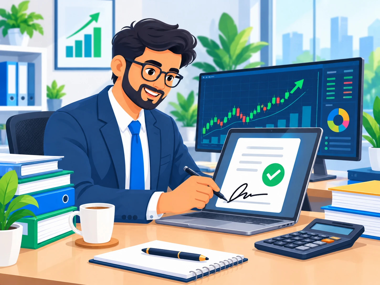 Finance professional digitally signing a SEBI compliance document with market charts on screen