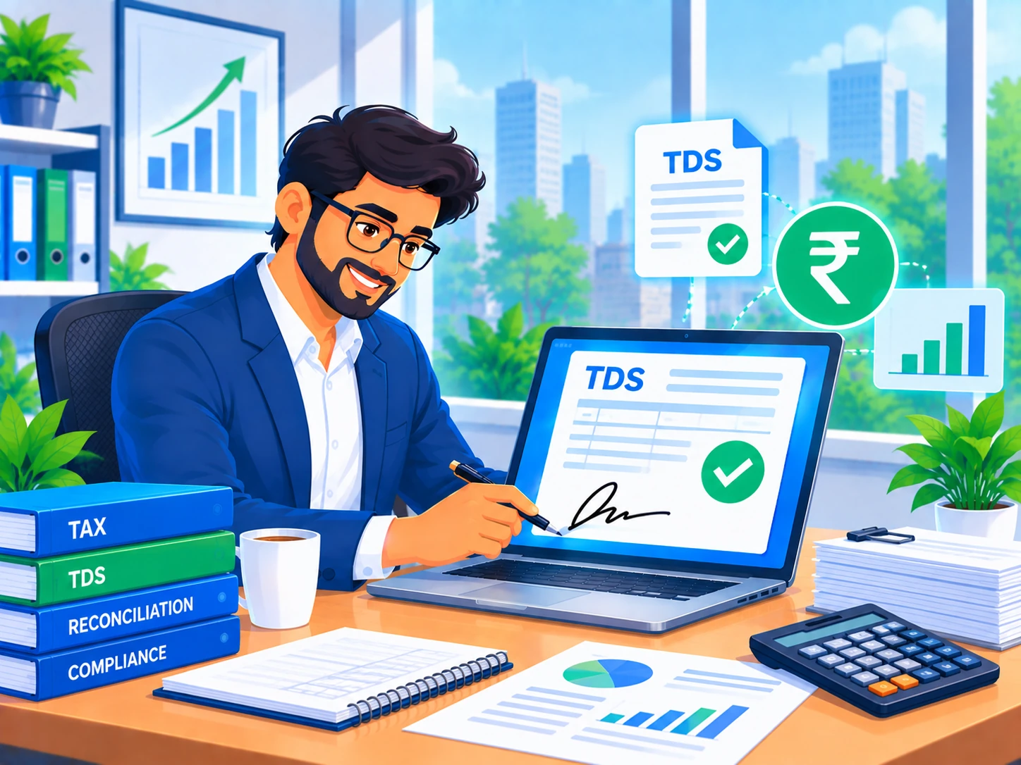 Professional digitally signing a TDS reconciliation document with a rupee symbol icon and chart nearby