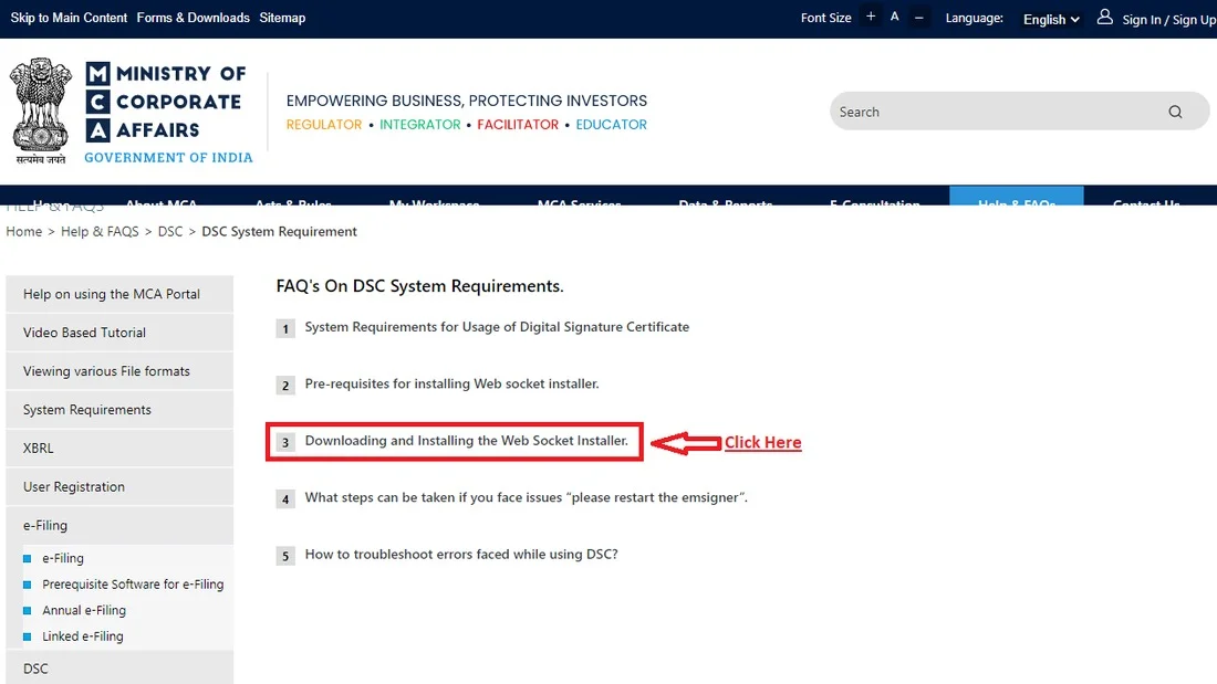 MCA Help and FAQs page showing Downloading and Installing the Web Socket Installer option