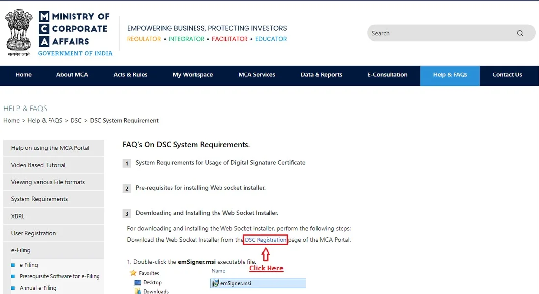 MCA FAQ answer linking to the DSC Registration page to download emSigner.msi