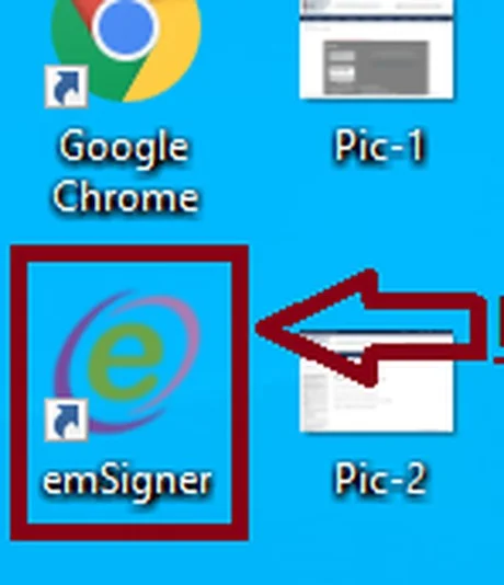 Windows desktop showing the emSigner icon, right-click to Run as administrator