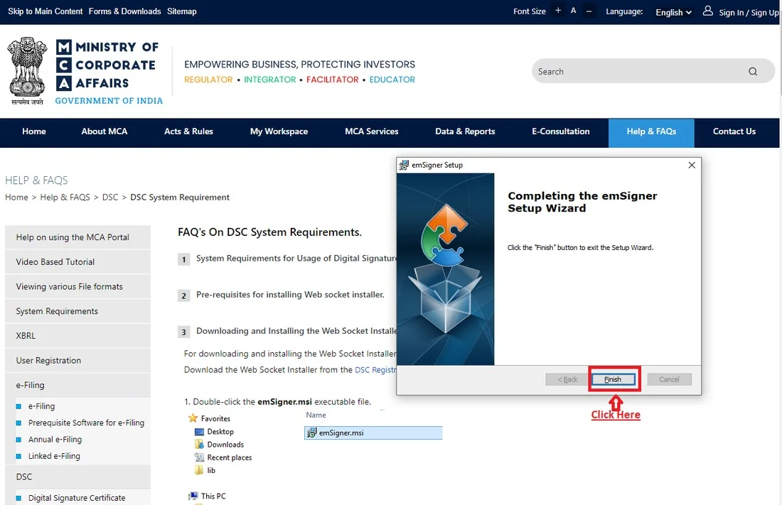 emSigner Setup Wizard completing setup screen with the Finish button highlighted