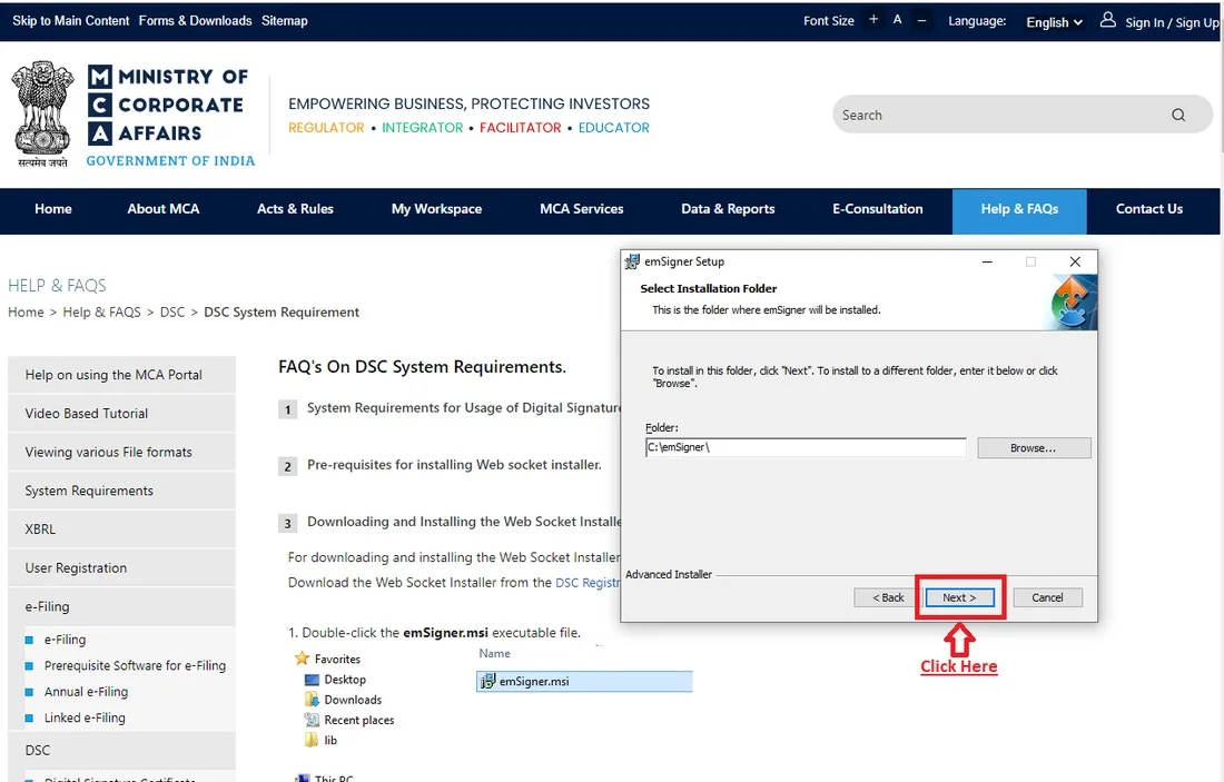 emSigner Setup Wizard select installation folder screen with Next highlighted