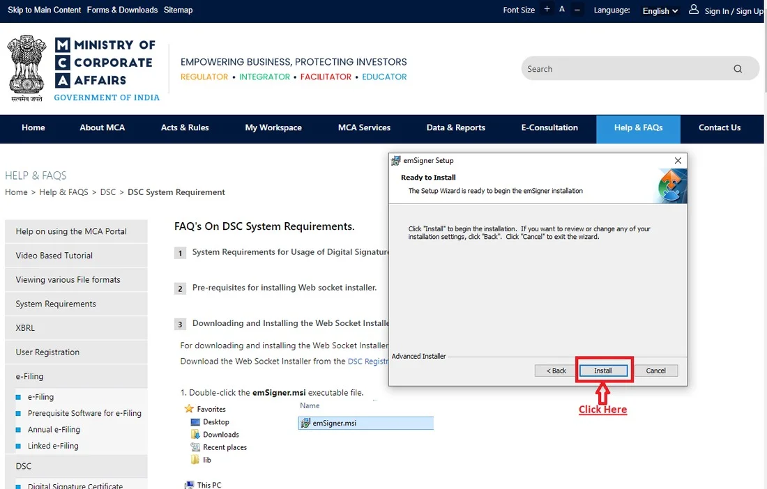 emSigner Setup Wizard ready to install screen with the Install button highlighted