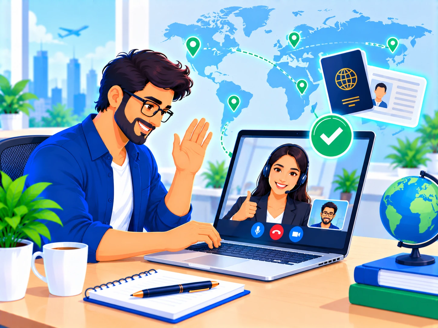 Foreign national completing video KYC for a Digital Signature Certificate with a world map and passport nearby