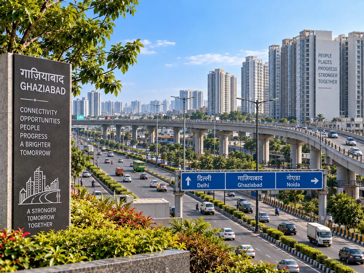 Elevated highway and Delhi-Ghaziabad-Noida signage in Ghaziabad
