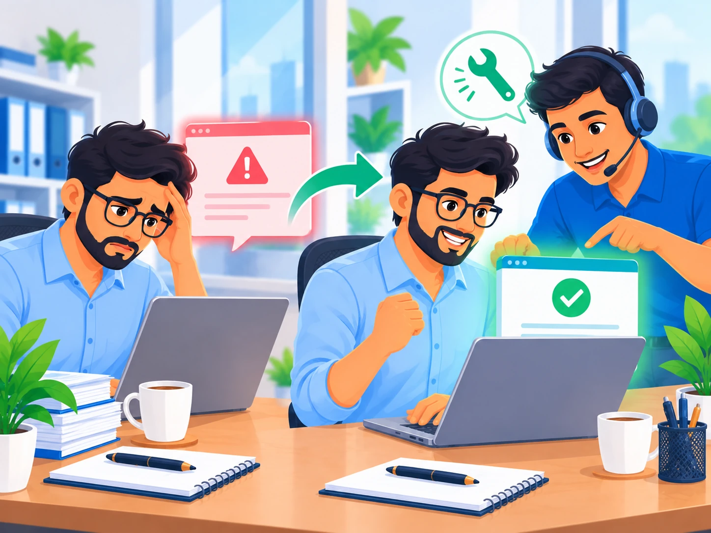 Person resolving a GST DSC signing error with help from a support agent, moving from error to success