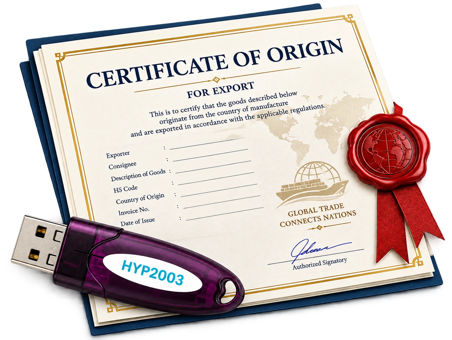 Certificate of Origin document with a wax seal and a DSC USB token